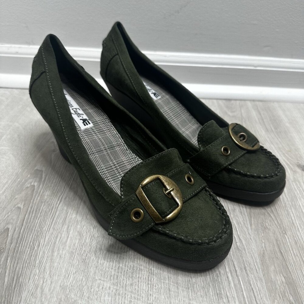 American Eagle Outfitters Olive Green Suede Wedge Loafers with Brass Buckle